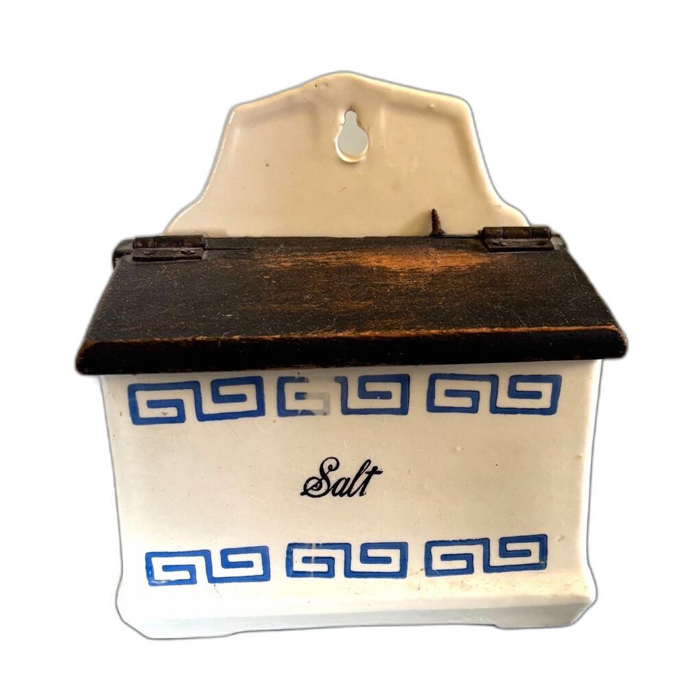 Antique Wall Mount Ceramic Salt Box Blue Greek Key Pattern Wooden Lid Farmhouse